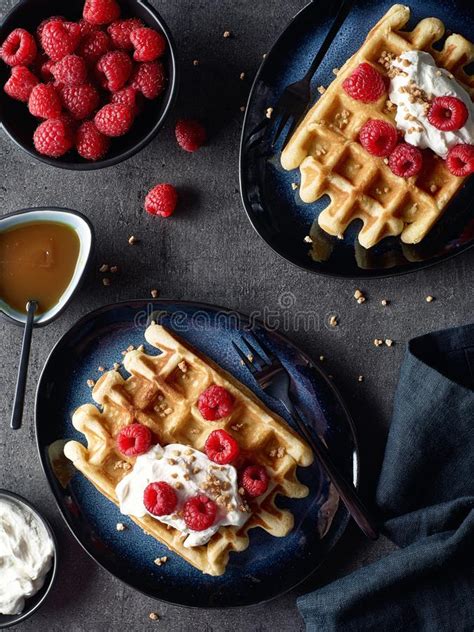 Belgian Waffles With Whipped Cream And Berries Stock Image Image Of