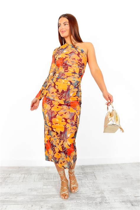 Mesh To Impress Orange Floral One Shoulder Mesh Midi Dress Dlsb