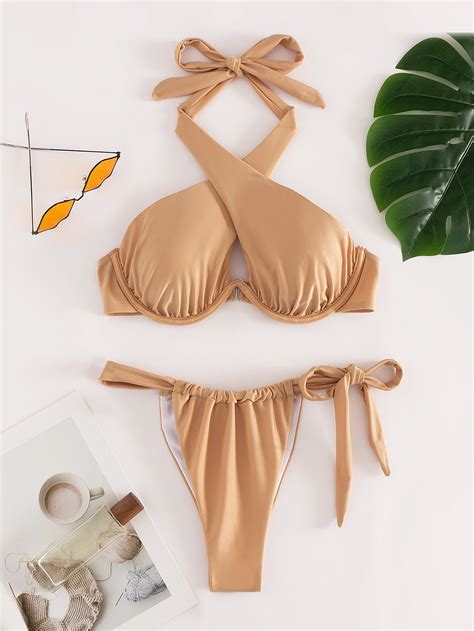 Womens Two Piece Swimsuit Solid Color Cross Design Push Up And