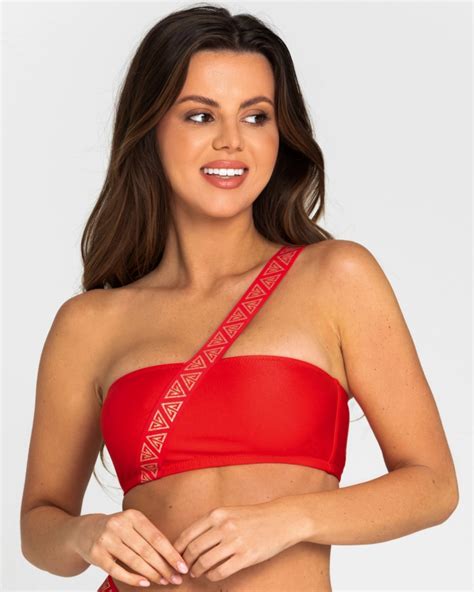 Red Asymmetrical Without Push Up Bandeau Bikini Top With Branded Strap