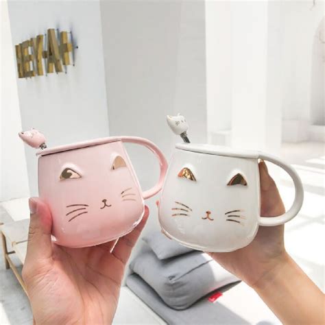 Taza De Cer Mica Con Tapa Y Cuchara Cara De Gatito Mercado Libre