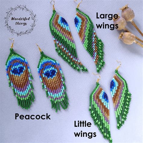 Peacock Earrings Green Gradient Long Seed Bead Earrings Etsy