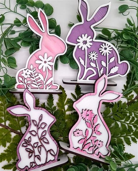 Floral Bunnies Set Of 4 With Stands Svg For Glowforge Laser Etsy