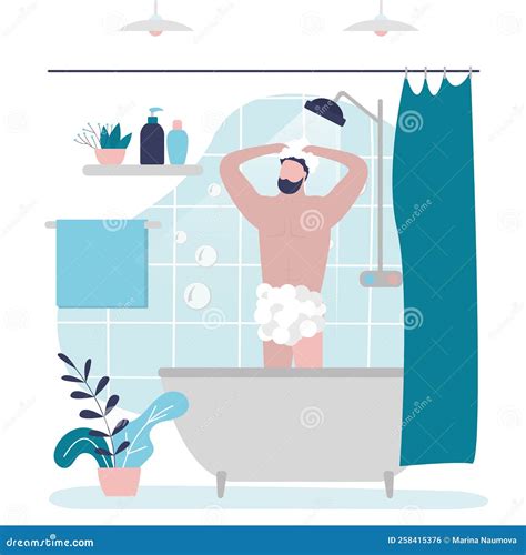 Male Character Washing Hair With Shampoo Naked Man Bathing In Shower