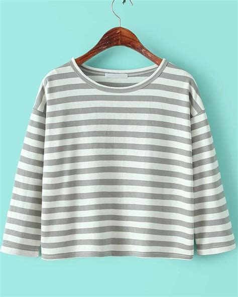 Grey White Round Neck Striped Loose T Shirt SheIn Sheinside