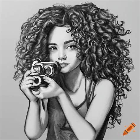 Detailed Pencil Drawing Of A Girl With Curly Hair Holding A Camera