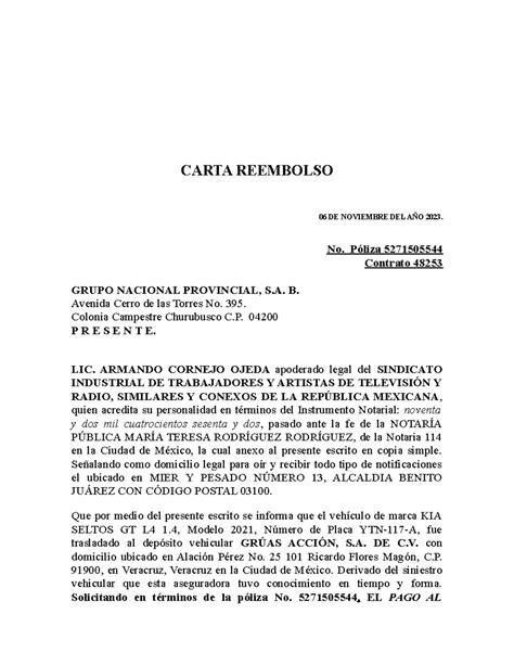 Carta Reembolso - CARTA REEMBOLSO 06 DE NOVIEMBRE DEL AÑO 2023. No