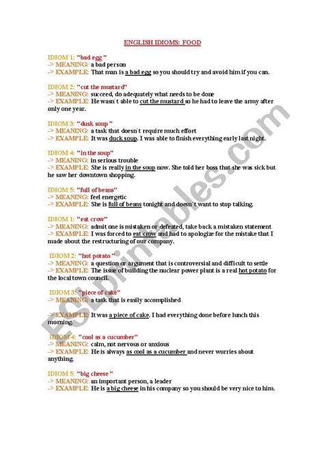 FOOD IDIOMS ESL Worksheet By Nvp7683