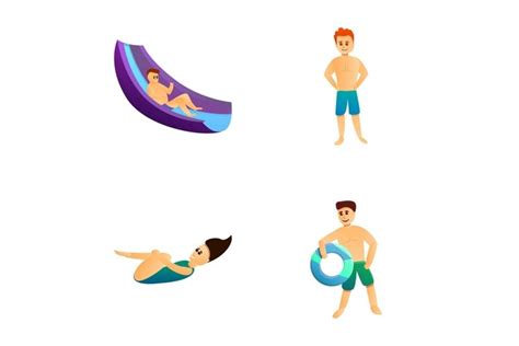 Aquapark Recreation Icons Set Cartoon Vector People During