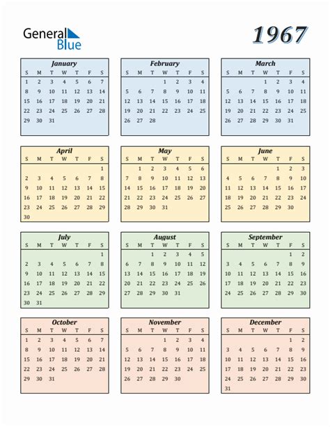 Free 1967 Calendars in PDF, Word, Excel