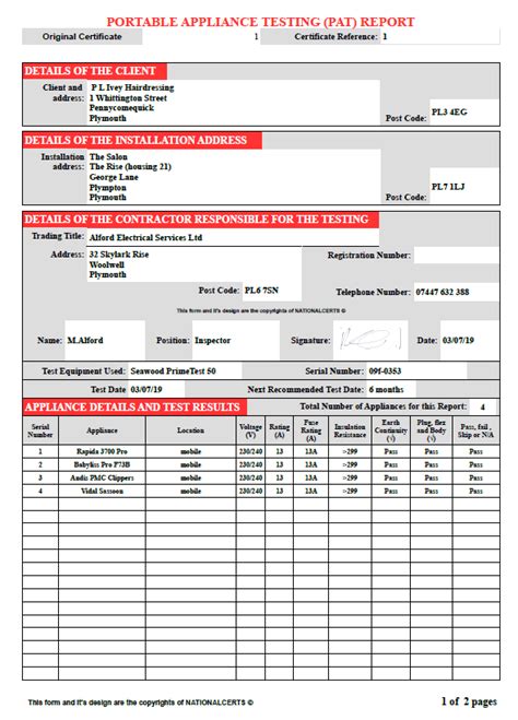 Completed Pat Test Certificate