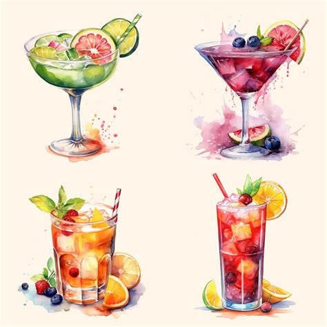 Cocktail Clipart Watercolor 12 Summer Party Cocktail Drink Etsy