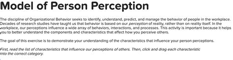 Solved Model Of Person Perception Workplace Our Perceptions Chegg