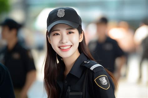 Premium Photo | Young pretty Chinese woman at outdoors with police uniform