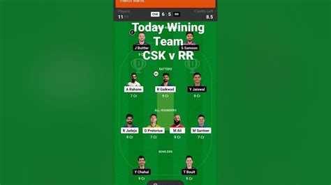 Dream 11 Today Winning Team Csk V Rr Youtube