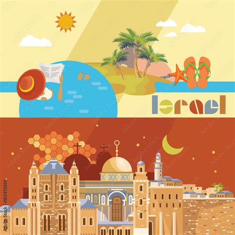 Israel Vector Banner With Jewish Landmarks Travel Poster In Flat