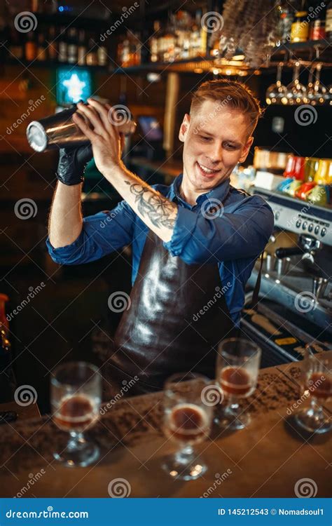 Bartender Works With Shaker At The Bar Counter Stock Image Image Of