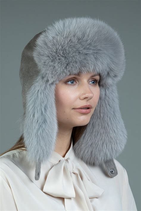 Gray Fox Fur Hat With Ear Flaps Handmade By Nordfur