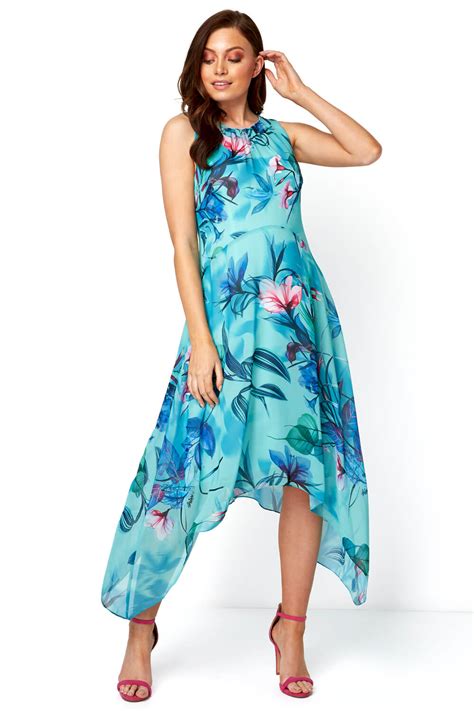 Floral Chiffon Hanky Hem Midi Dress In Turquoise Roman Originals Uk