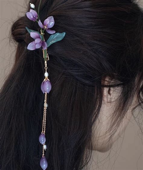 Purple Flowers Hair Clip Hanfu Chinese Hair Fork Vintage Chic Side Hairpins Handmade Hair