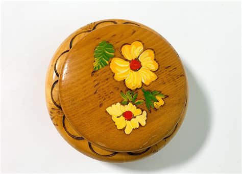 Vintage Hand Painted Round Oak Wood Box W Lid Storage Trinket