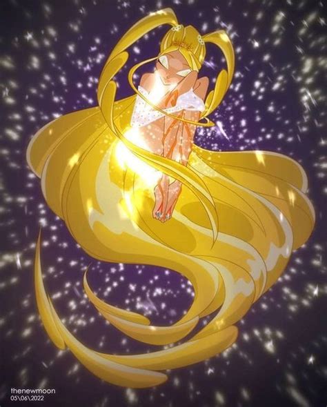 An Anime Character Is Flying Through The Air With Her Hair Blowing In The Wind And Stars Behind Her