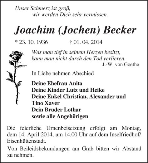 Traueranzeigen von Joachim Becker Märkische Onlinezeitung Trauerportal