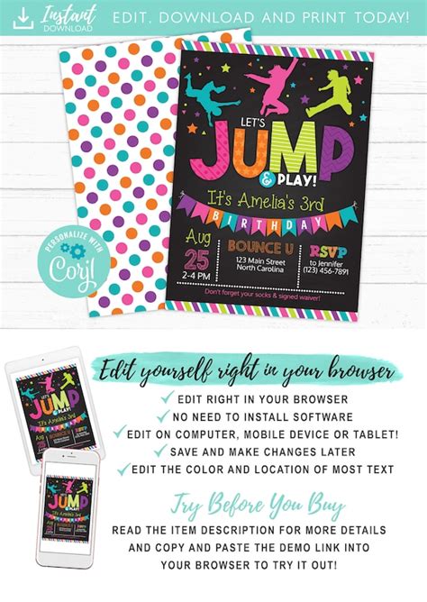 Jump Birthday Invitation Trampoline Party Invite Bounce House