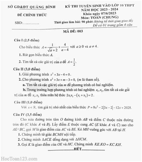 Đề Thi Toán Vào 10 Thpt Tỉnh Quảng Bình 2023 2024 Học Toán 123