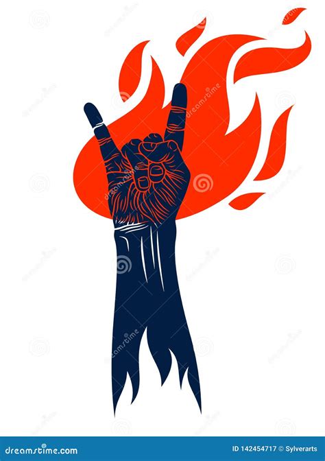 Rock Hand Sign On Fire Hot Music Rock And Roll Gesture In Flames Hard