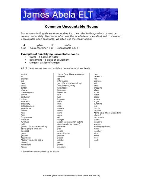 Common Uncountable Nouns Studocu