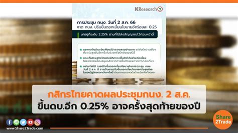 กสิกรไทย คาดผลประชุมกนง 2 ส ค ขึ้นดบ อีก 0 25 อาจครั้งสุดท้ายของปี