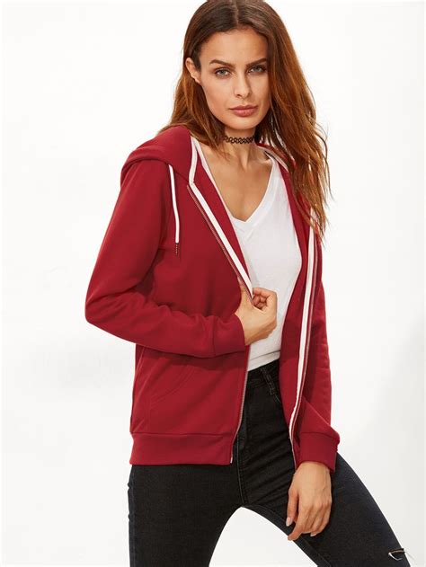 Shop Red Zip Up Hoodie With Pocket Online Shein Offers Red Zip Up