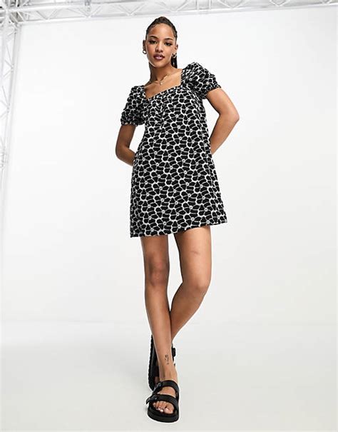 New Look Tie Back Puff Sleeve Broderie Mini Dress In Black Asos