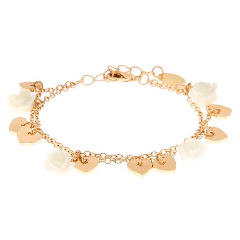 Rose Gold Floral Charm Bracelet - White | Claire's