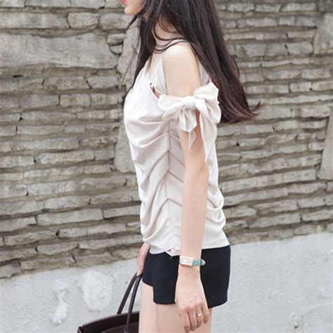 [ghyxh36205]white Bowknot Off Shoulder Ruched Chiffon Blouse Top On Luulla