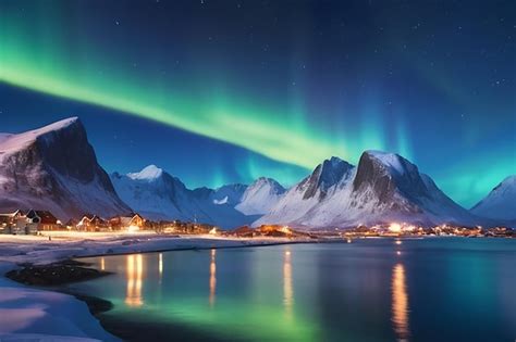 Aurora Borealis Over The Sea Snowy Mountains And City Lights At Night