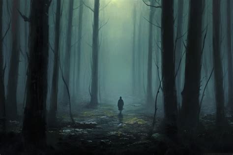 Premium AI Image There Is A Man Walking Through A Dark Forest With A