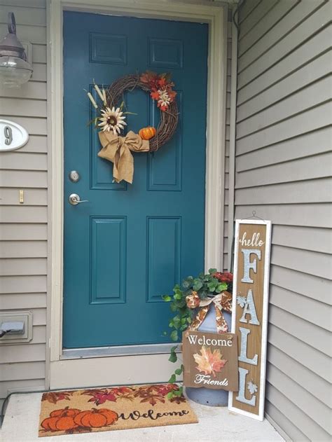 Fall Front Door Using Sherwin Williams Blue Peacock Paint Painted