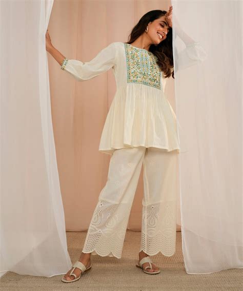 Buy Off White Embroidered Cotton Wide Leg Palazzos Online At Rs 1199