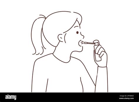 Unhealthy Woman Spraying Throat With Medication Unwell Sick Girl Use