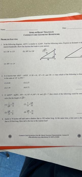 Du SIMILAR RIGHT TRIANGLES COMMON CORE GEOMETRY Chegg