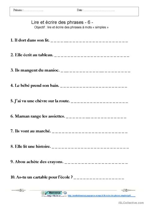 Lecture Et Criture De Phrases Simpl Fran Ais Fle Fiches Pedagogiques