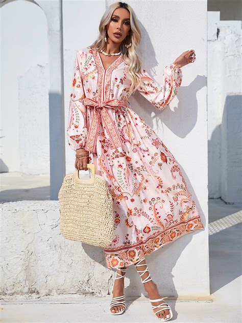 SHEIN VCAY Allover Floral Print Lantern Sleeve Belted Dress SHEIN UK