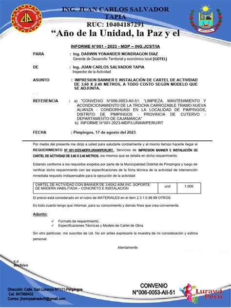 Informe N°001 Requerimiento De Cartel De Obra Pdf