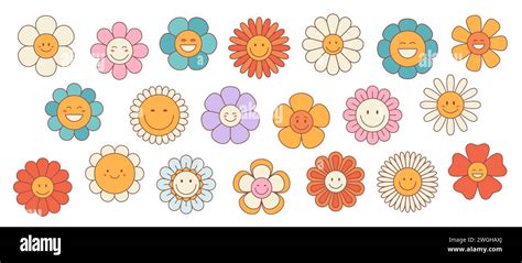 Retro Groovy Daisy And Sunflower Flowers Or Cute Happy Characters