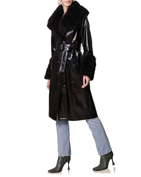 Avec Les Filles Belted Faux Fur Trim Faux Ever Leather Trench Coat In