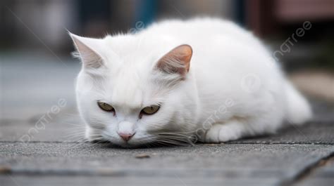 Background Kucing Putih Tergeletak Di Trotoar Pandangan Dekat Punggung