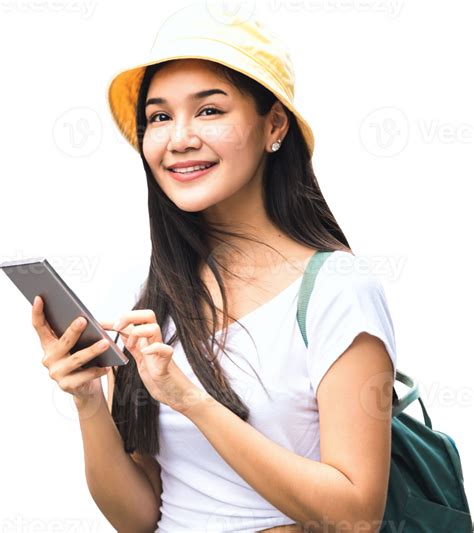 Asian Woman Traveller Solo Travel Using Smartphone Isolated Cutout