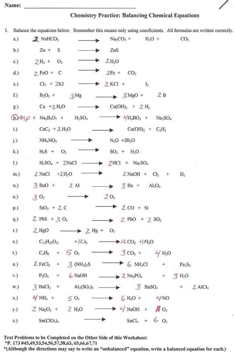 Balancing Chemical Reactions Worksheet